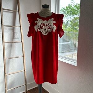 Anthropologie The Impeccable Pig Red Flutter Sleeve Embroidered Sheath Dress